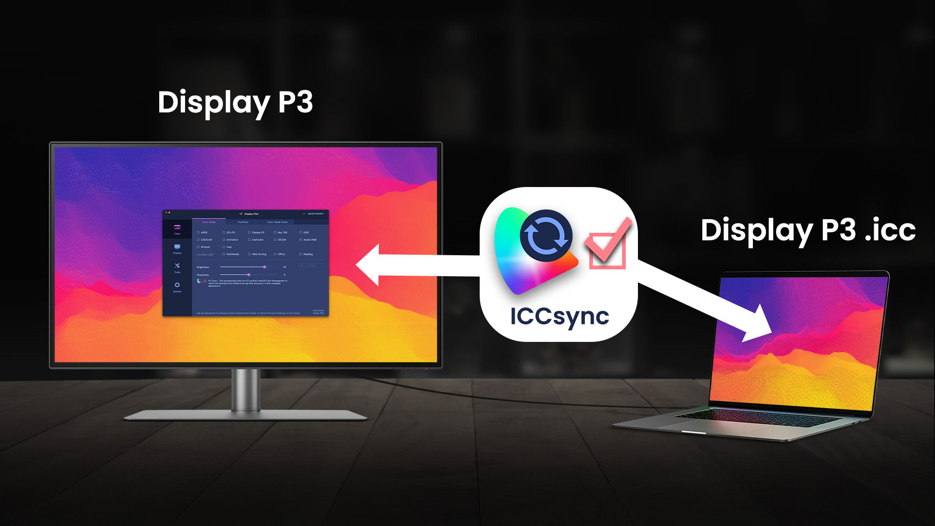 Siūlome „ICCsync“ funkciją, kuri užtikrina, kad net jei perjungdami programas rankiniu būdu nesuderinate ICC profilių, sinchronizavimas gali būti atliktas per kelias sekundes. „ICCsync“ funkcija automatiškai suderina ir sinchronizuoja monitoriaus profilius įvairiose programose ir programėlėse, taip pat persijungiant iš „MacBook“ ar kito „Mac“ įrenginio į didesnį „BenQ“ ekraną. Naudodami tokį automatiškai užtikrinamą ICC profilio sinchronizavimą sutaupysite laiko ir padidinsite vaizdo tikslumą.