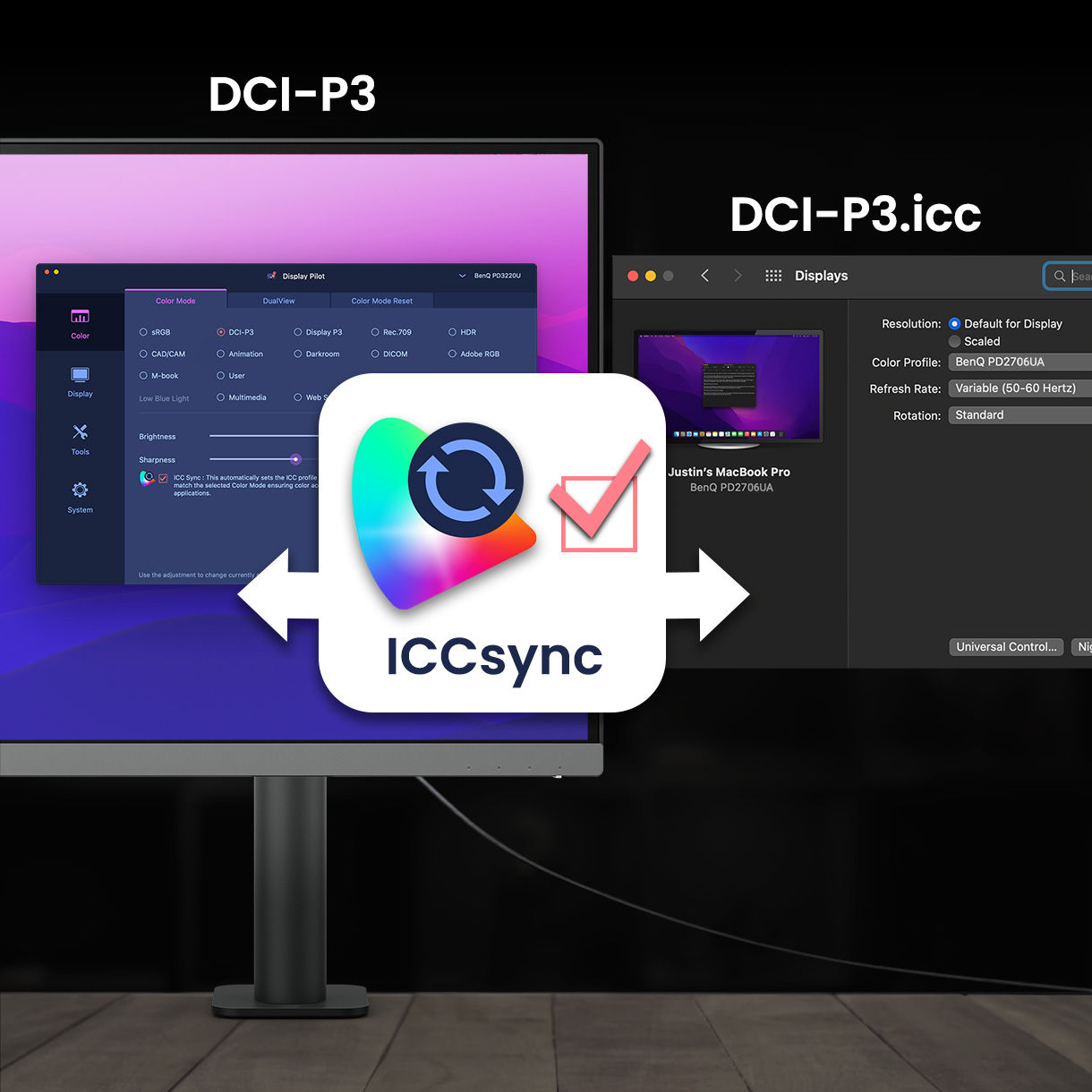 BenQ ICCsync koppelt en synchroniseert automatisch ICC-profielen op de monitor wanneer je van kleurmodus verandert, en ook tussen je laptop en BenQ-monitor.