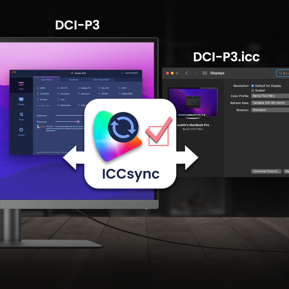 Keičiant spalvų režimus, „BenQ ICCsync“ automatiškai suderina ir sinchronizuoja ICC profilius ne tik pačiame monitoriuje, bet ir tarp nešiojamojo kompiuterio bei „BenQ“ monitoriaus. Ir visa tai vyksta akimirksniu.