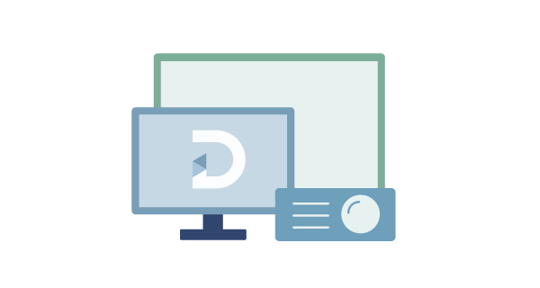 A flat icon showing BenQ DMS software being deployed to multiple smart