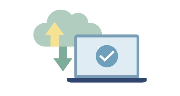 A laptop icon with a checkmark representing centralized command and remote device management of BenQ signage from a single dashboard.