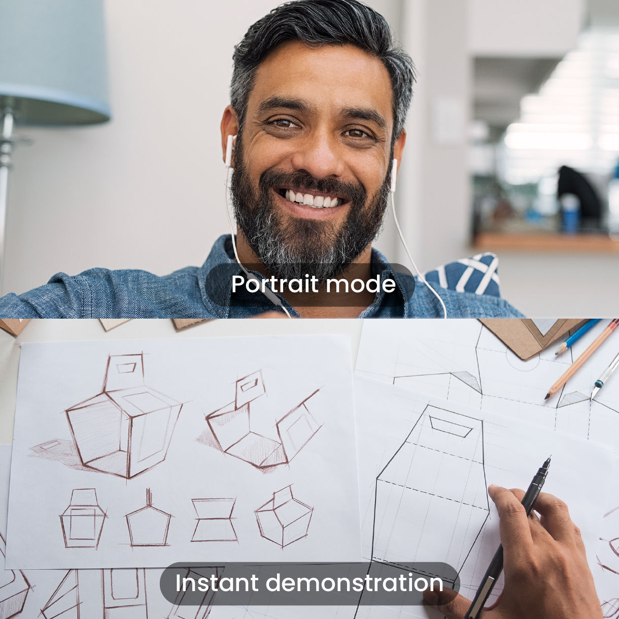 High performance webcam with portrait mode and instant demonstration 