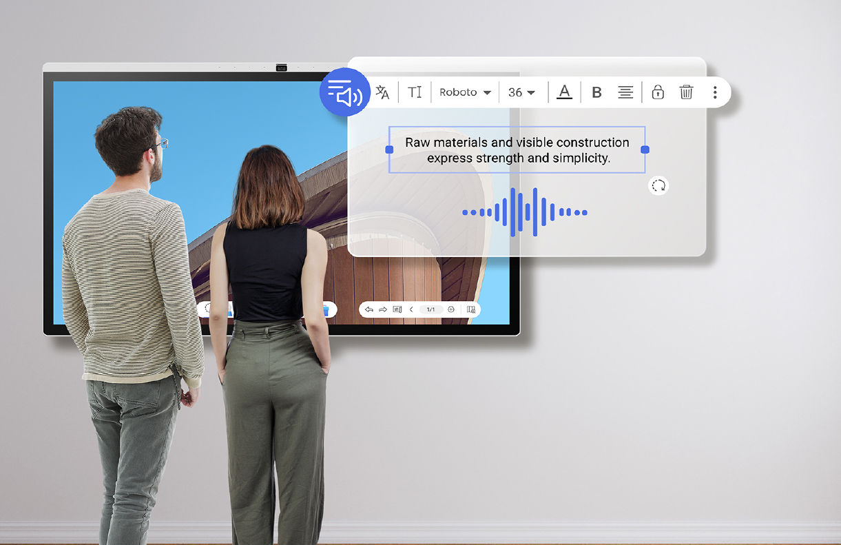 Two colleagues listening to the EZWrite text-to-speech feature on a BenQ board, as the system reads aloud construction notes in a clear, natural voice.