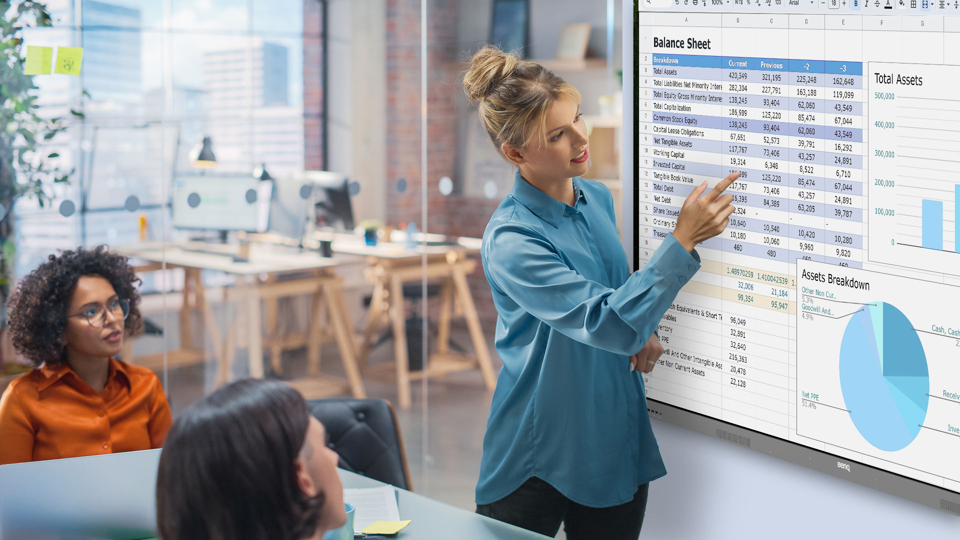 An office worker is moving a graph on the Google Sheet app from the RE04FV2.