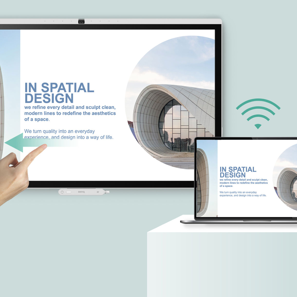 A close-up of a hand using the touchback feature on a BenQ board to control a laptop presentation, demonstrating a seamless flow without moving back and forth.