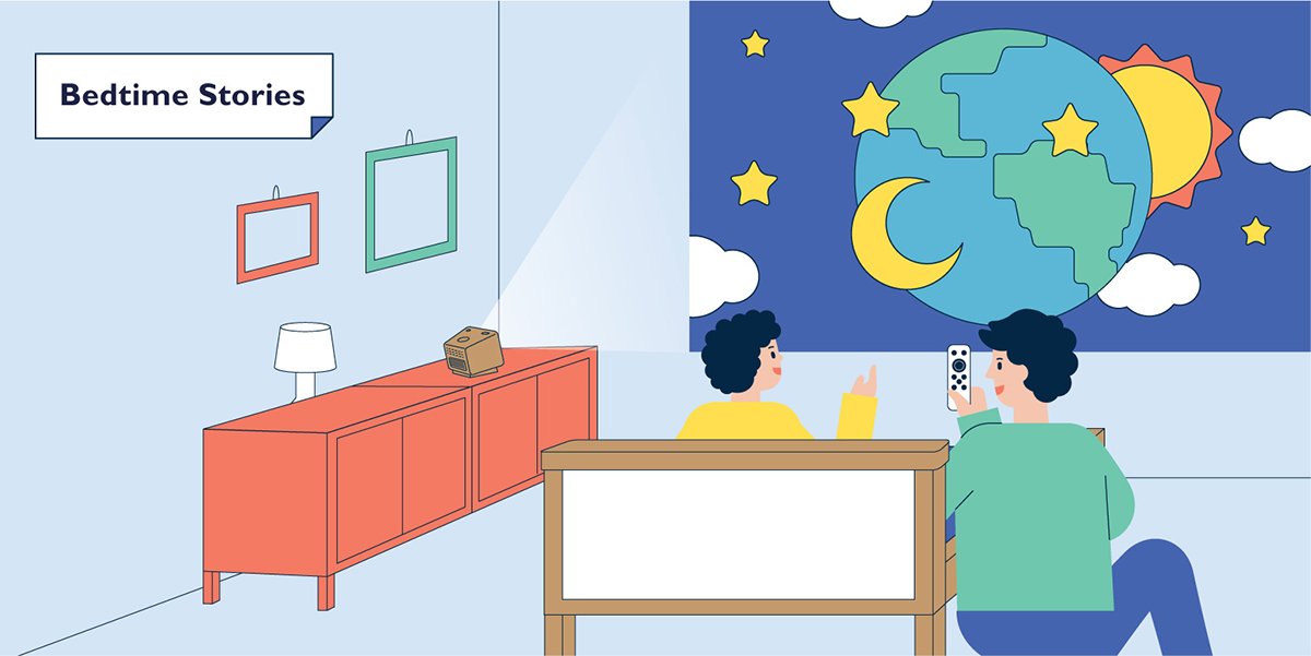 bedtime stories and edutainment work better on a portable projector infographic