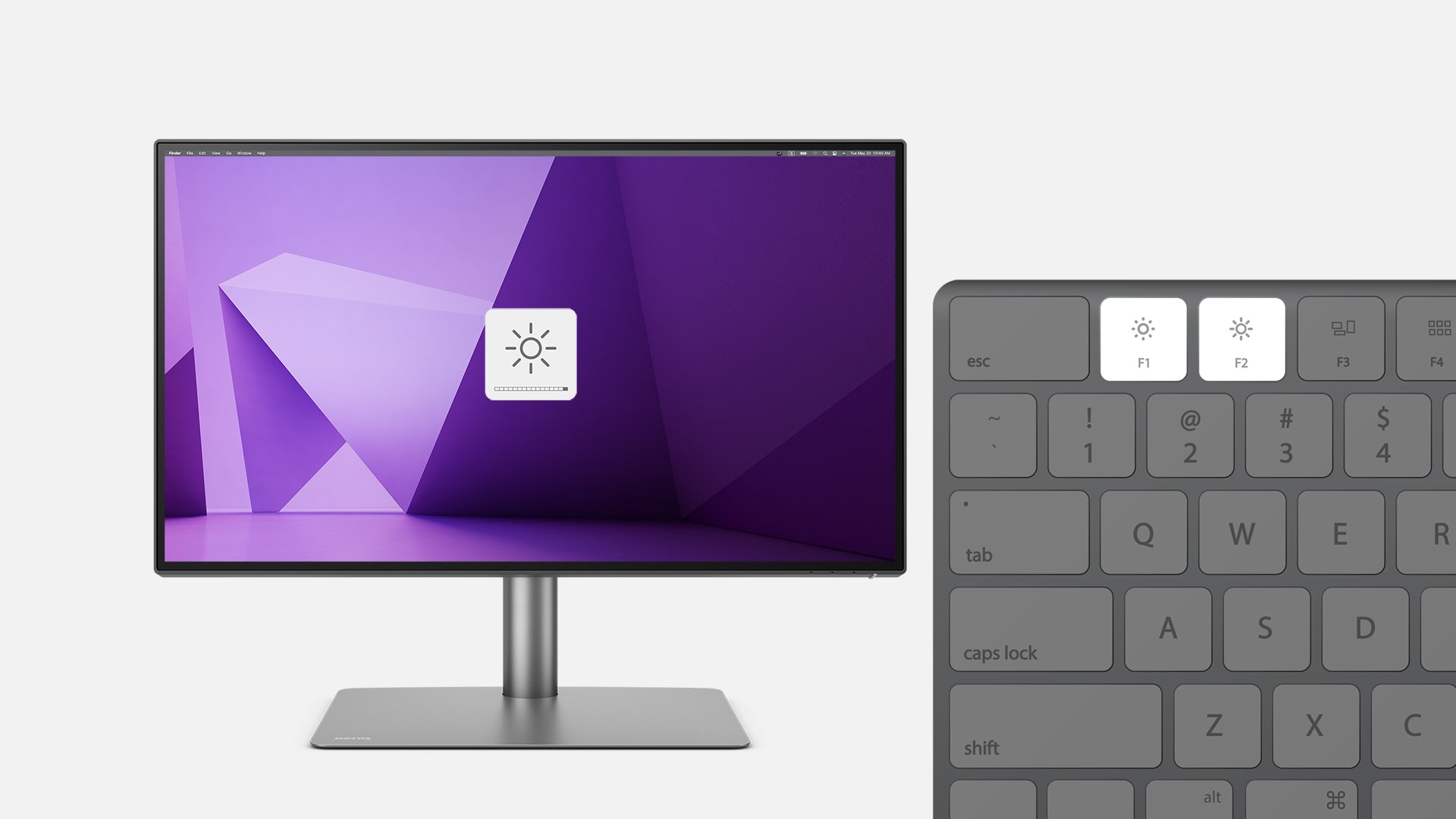 Display Pilot 2 simplifică managementul ecranului, oferind un control convenabil asupra luminozității și volumului cu ajutorul tastaturii Mac®. De asemenea, tastatura comută cu ușurință între sursele de intrare, activează pivotarea automată și vă partiționează desktop-ul.