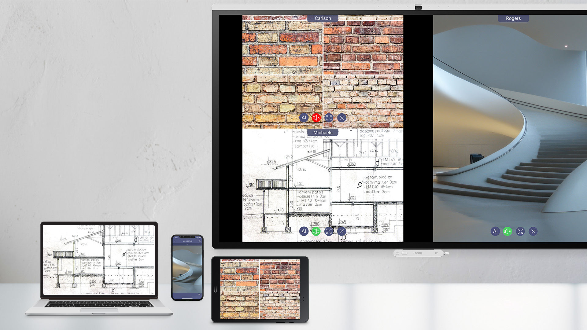 A laptop and smartphone sharing a split-screen session on a BenQ smart display using InstaShare 2, showing architectural sketches and photos simultaneously without cables.