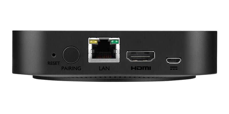 The InstaShow system consists of a transmitter unit (button) that is connected to a computer via HDMI/USB and a receiver unit that is plugged into the output device. There is also a cradle that can hold the button