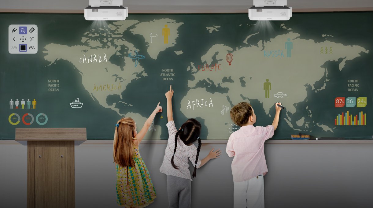 BenQ Interactive Classroom Projectors allow multiple students to share, write, and annotate across two screens with two projectors