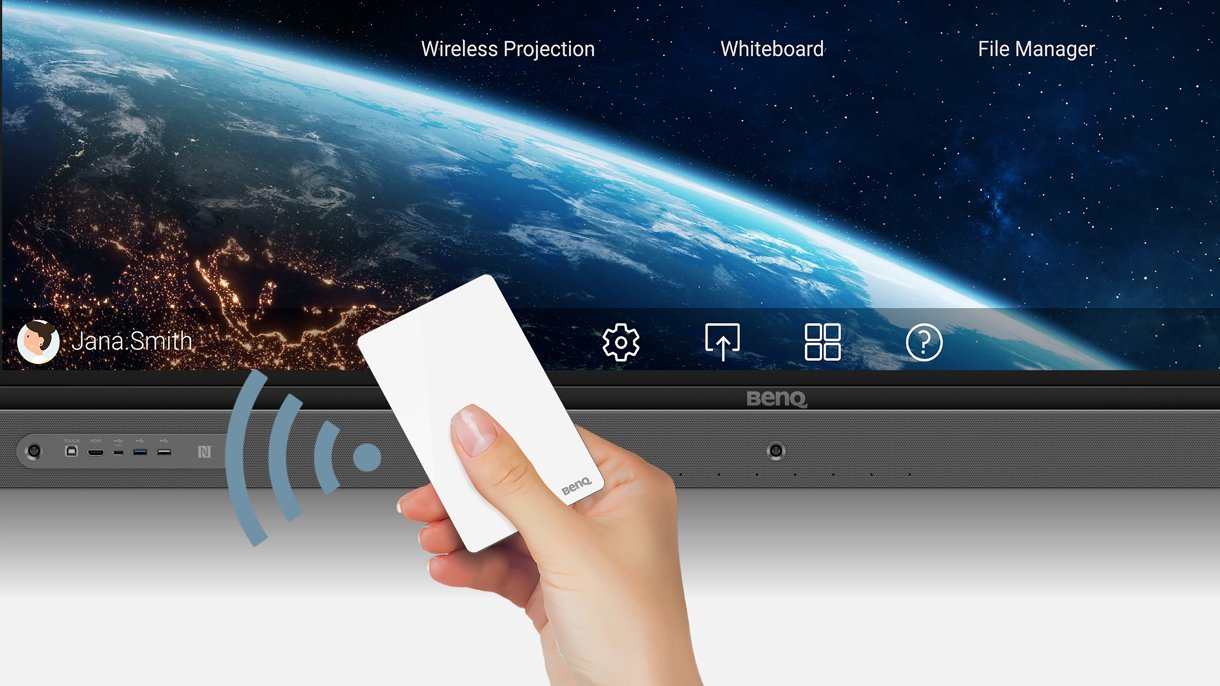 Hand holding NFC card while logging into BenQ Pro Board