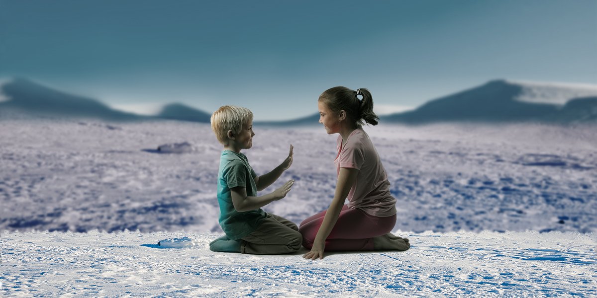 two kids sitting and playing on the ice in the style of the series tales from the loop