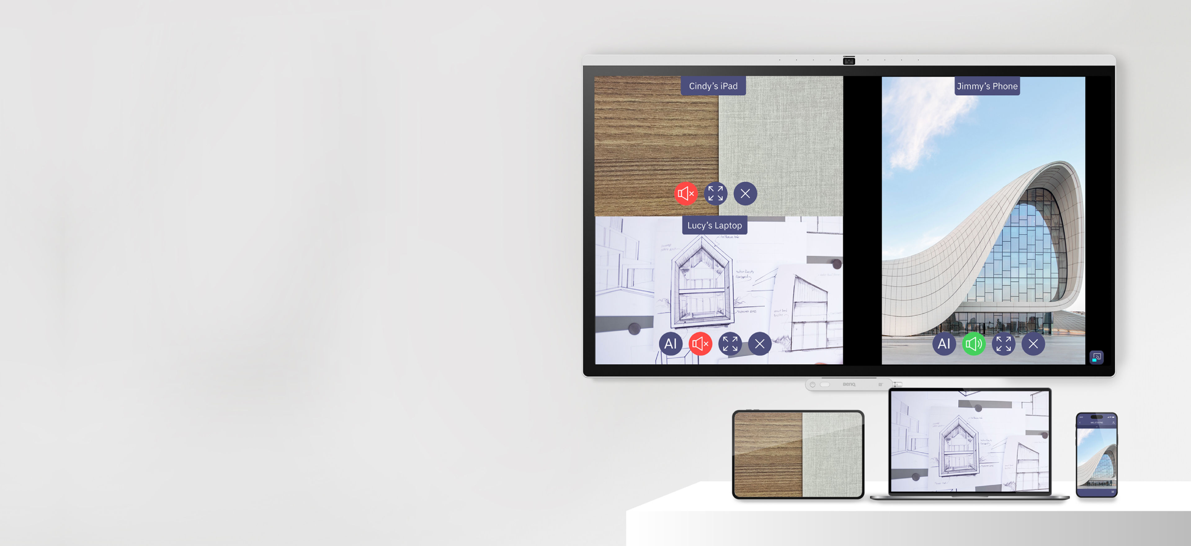 A split-screen presentation on a BenQ smart display using InstaShare 2, showing a laptop, tablet, and smartphone sharing architectural drawings simultaneously without cables.