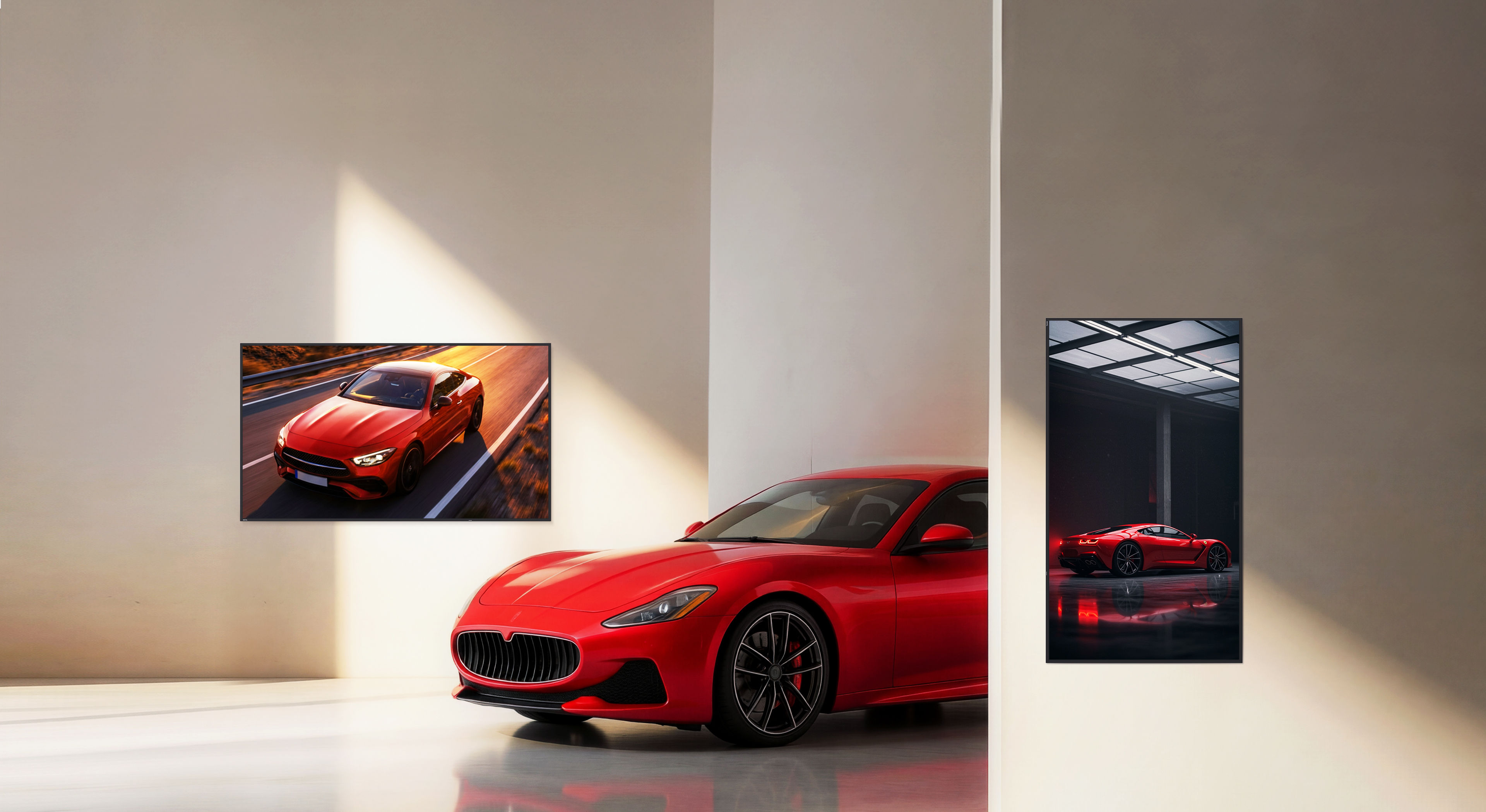A gray car and a red sports car displayed with perfect color accuracy on BenQ digital signage, highlighting how Pantone Validated technology reproductions exactly match brand definitions on a commercial digital signage display.