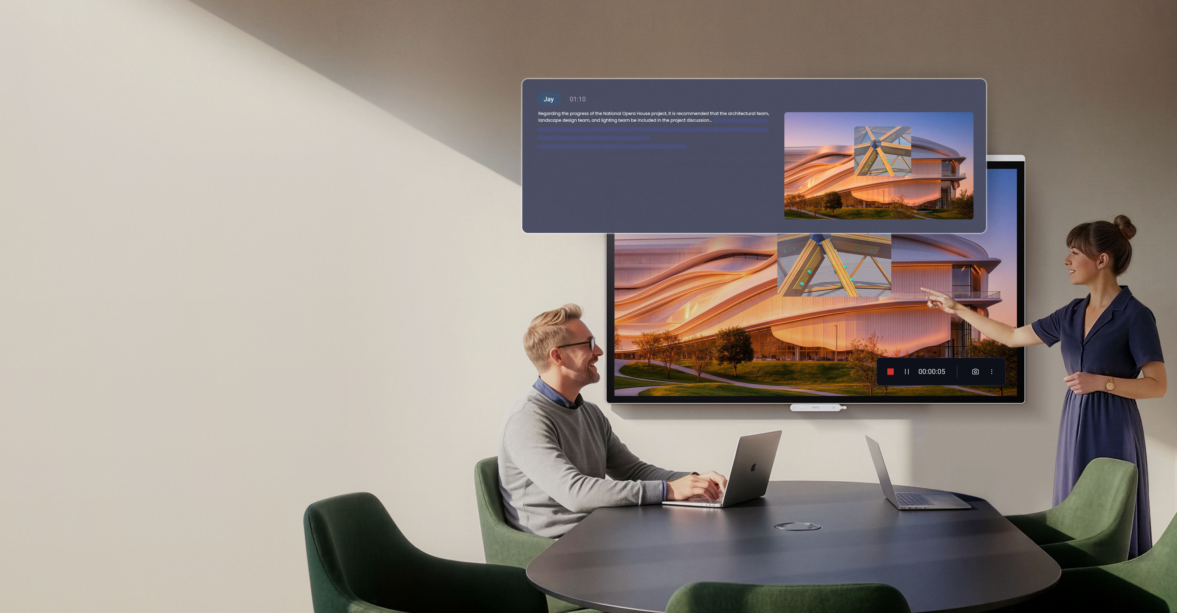  Two people having a discussion in a meeting room while the BenQ Board mounted on the wall records the meeting and generates summaries using SummarAI.