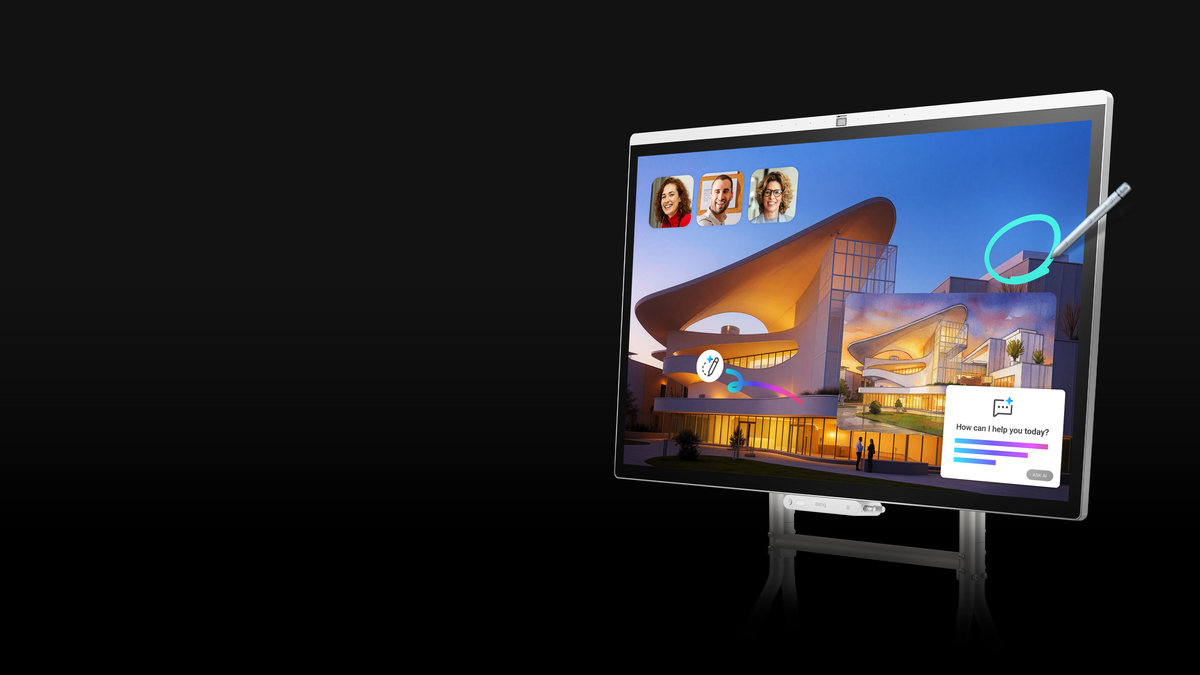 A BenQ Board CP05 interactive display featuring a stylus annotating a colorful architectural design alongside video conference and AI widgets, positioning it as a high-performance interactive touch screen for corporate collaboration.