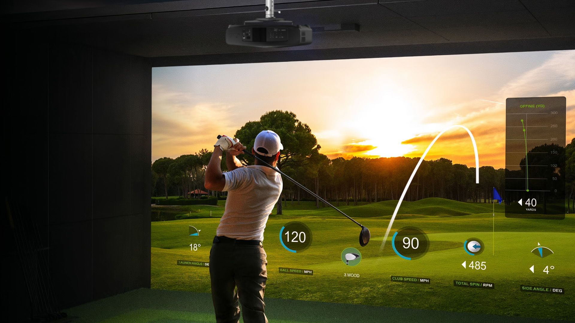 BenQ BR9708 immersive golf simulator projection showing realistic course visuals and ball trajectory