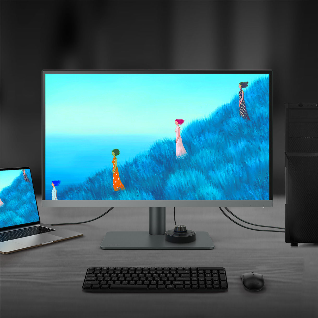 עם פונקציונליות מובנית של מתג KVM (מקלדת, וידאו, עכבר), PD2706U מאפשר למשתמשים לשלוט בשני מערכות באמצעות סט מקלדת ועכבר אחד. לחצו כדי לעבור בין המערכות באמצעות Hotkey Puck G2 לשיפור היעילות.