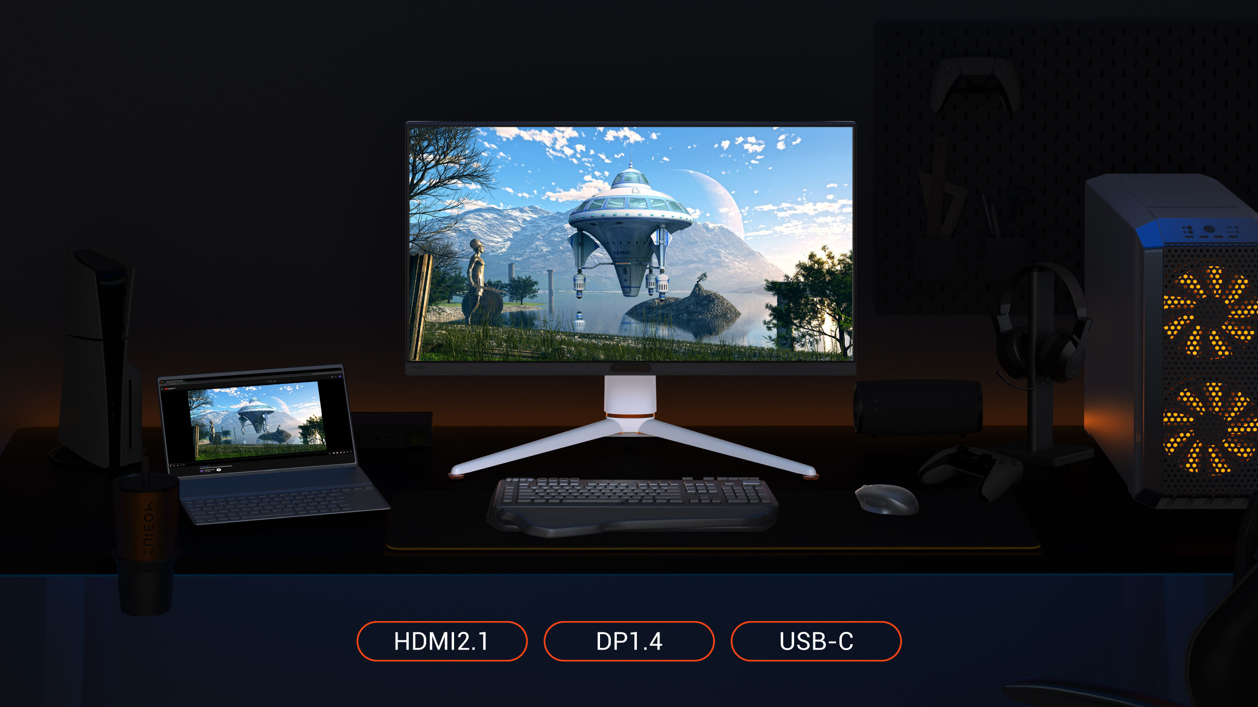 BenQ MOBIUZ EX381U is equipped with DP 1.4, HDMI 2.1, and USB-C to link your battle stations. Shift through the built-in KVM (Keyboard, Video and Mouse) effortlessly among your devices.