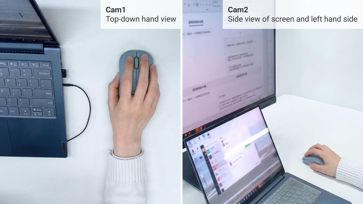 Dual-camera recording setup capturing both hand movements and on-screen interactions during ergonomic mouse usability testing.