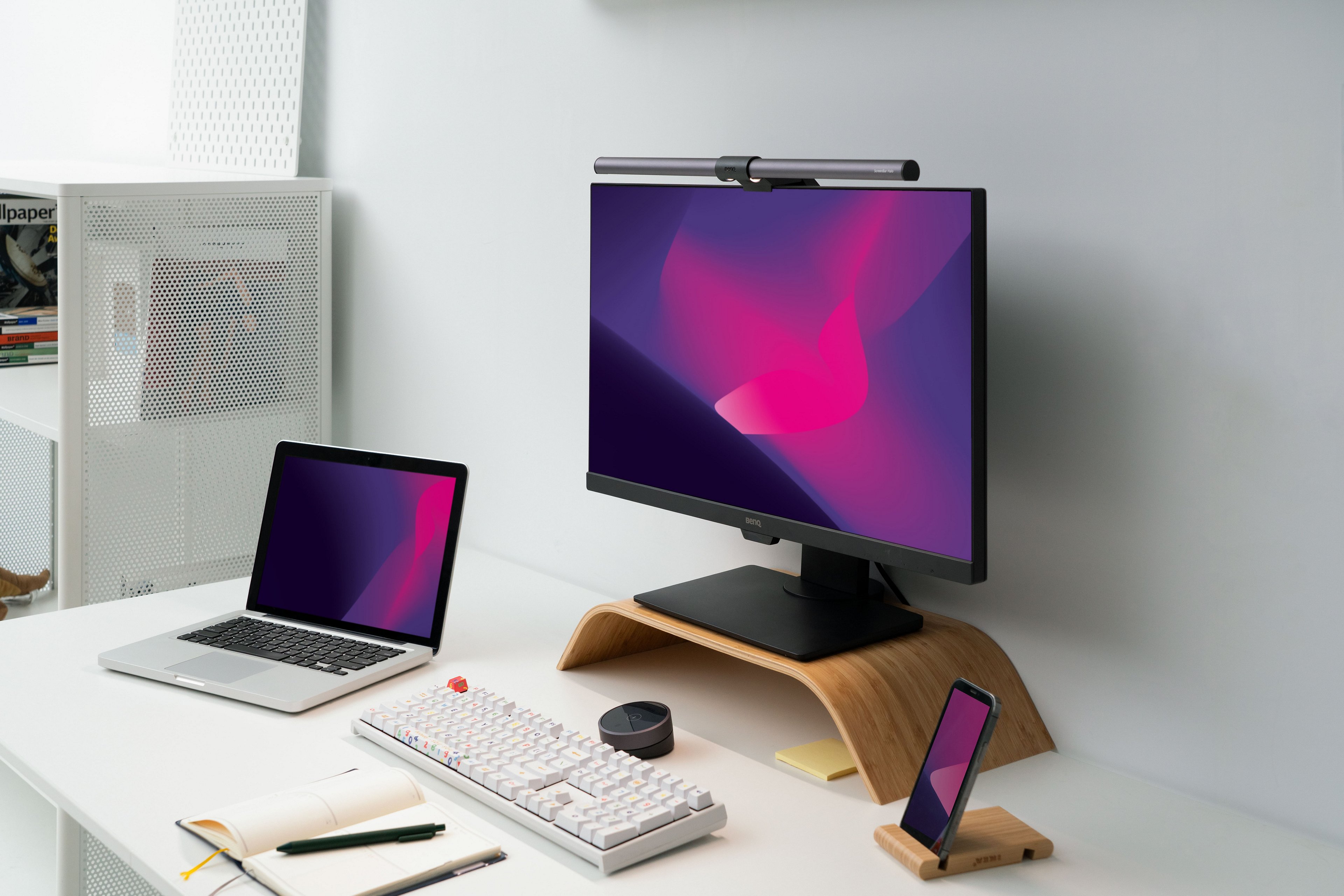 A monitor light bar is one of the must-have when it comes to laptop station setup ideas. 
