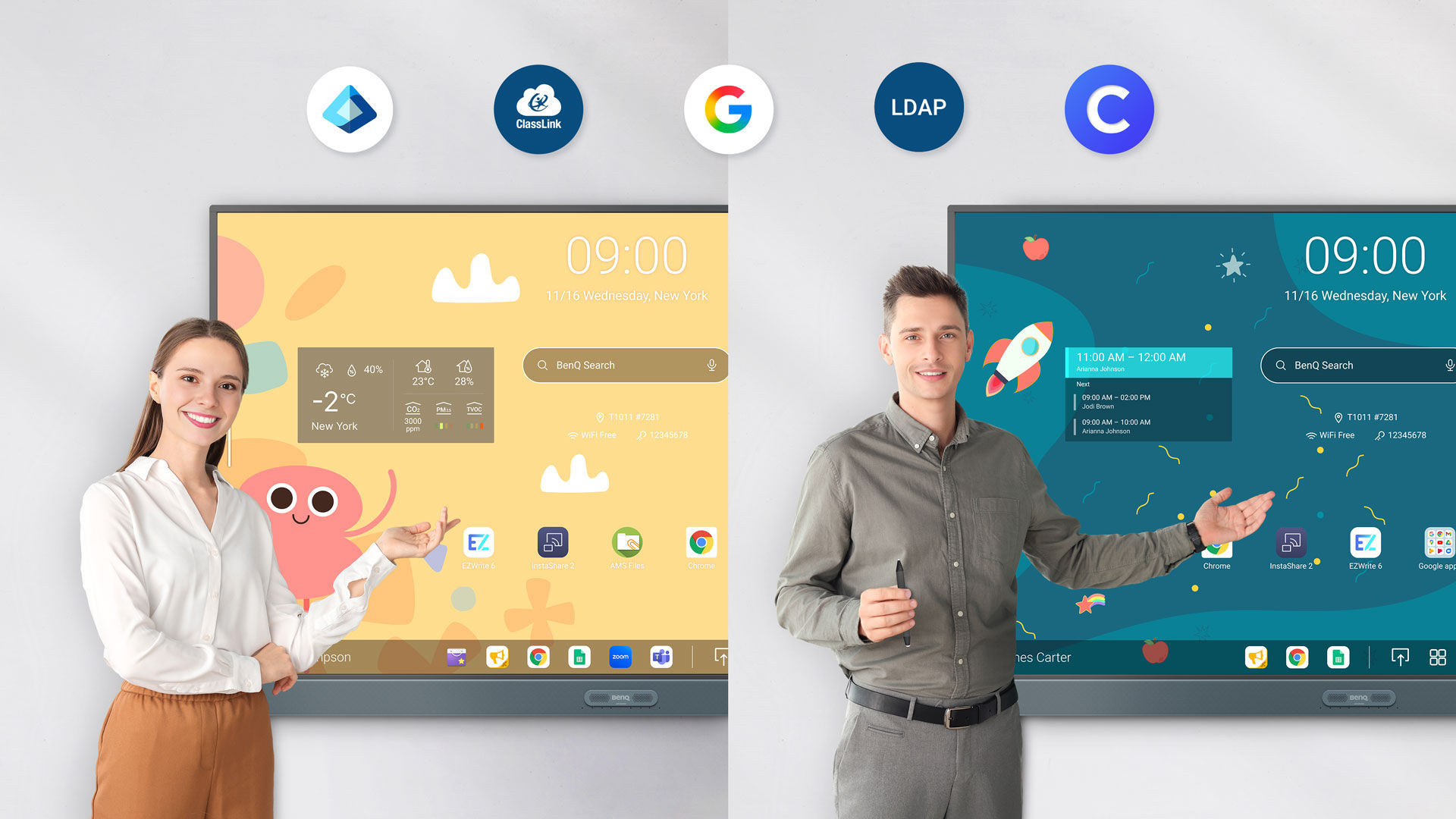 Twee docenten wijzen naar BenQ Board Pro RP05 Interactief Digibord – veilige logins met directory sync, compatibel met ClassLink, Clever, Google en Microsoft.