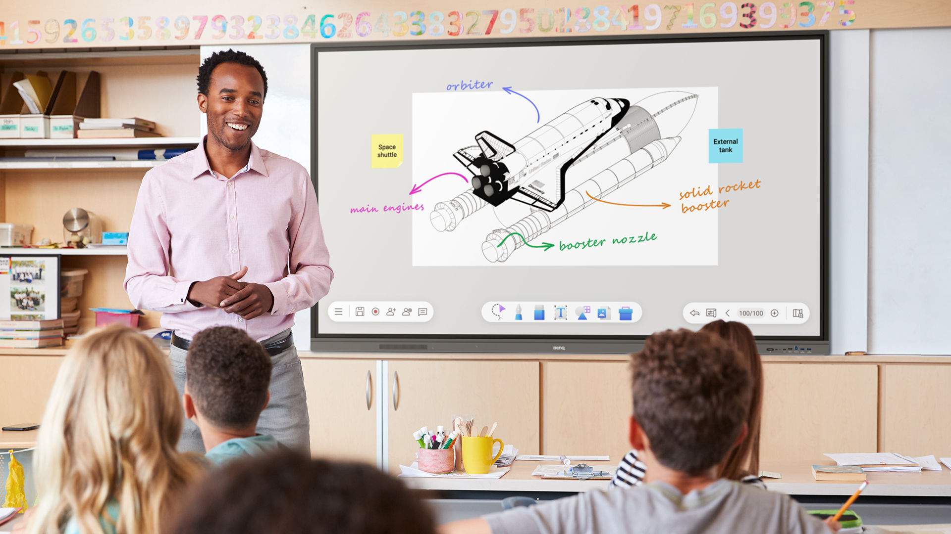 Teacher discussing space shuttles on a BenQ Board