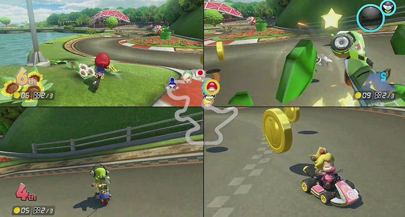 Player can count on a variety of items to hinder opponents or gain advantages in the race of Mario Kart 8 Deluxe Edition projected by BenQ projector.