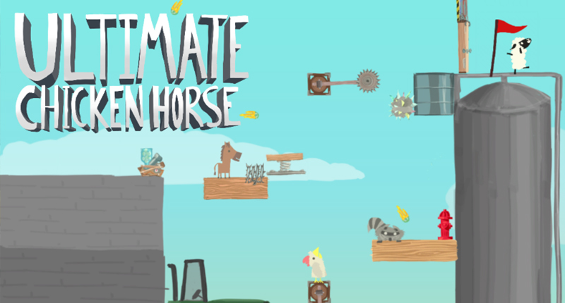 This screen shows  the party game called Ultimate Chicken Horse which is projected by short throw projector and brings immersive viewing experiences.