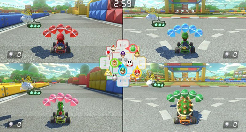 The projection screen that displays Mario kart 8 Deluxe Edition can be spilt into four quarters where four players are each allocated a quarter of screen space. 