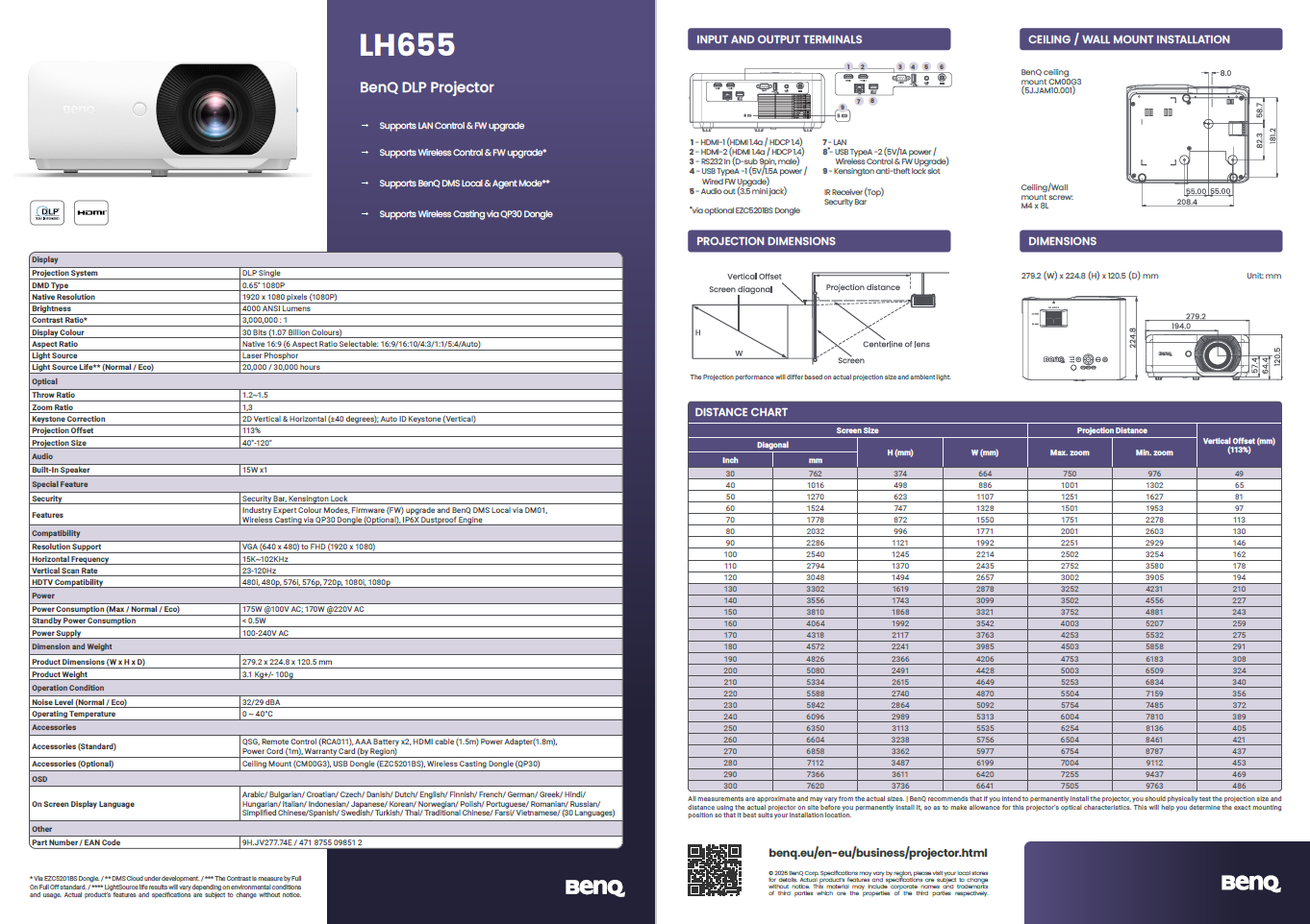 BenQ DLP LH600ST projector key features