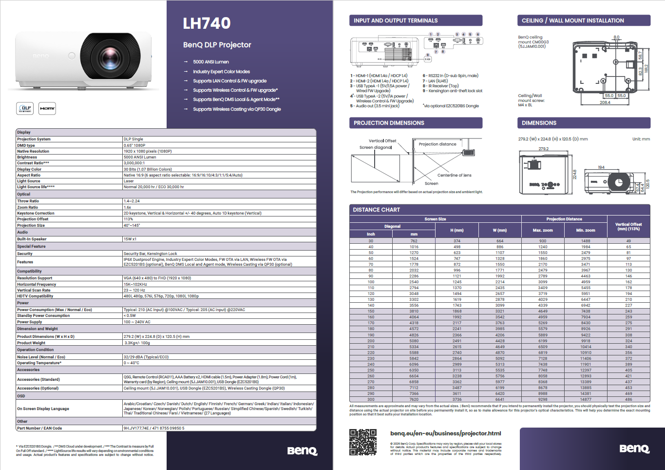 BenQ DLP LH600ST projector key features