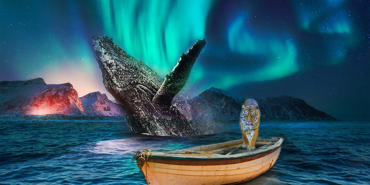 There is a tiger on a boat floating on the sea in the style of movie life of pi.