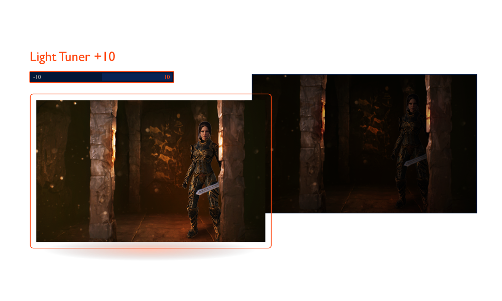 BenQ EX3210U A Light Tuner segítségével 20 színbeállítás közül választhatod ki a kedvenc hatásod. Akár FPS-sel, akár RPG-vel játszol, te döntöd el, hogy a legjobb élmény során hogyan néz ki a játékod.