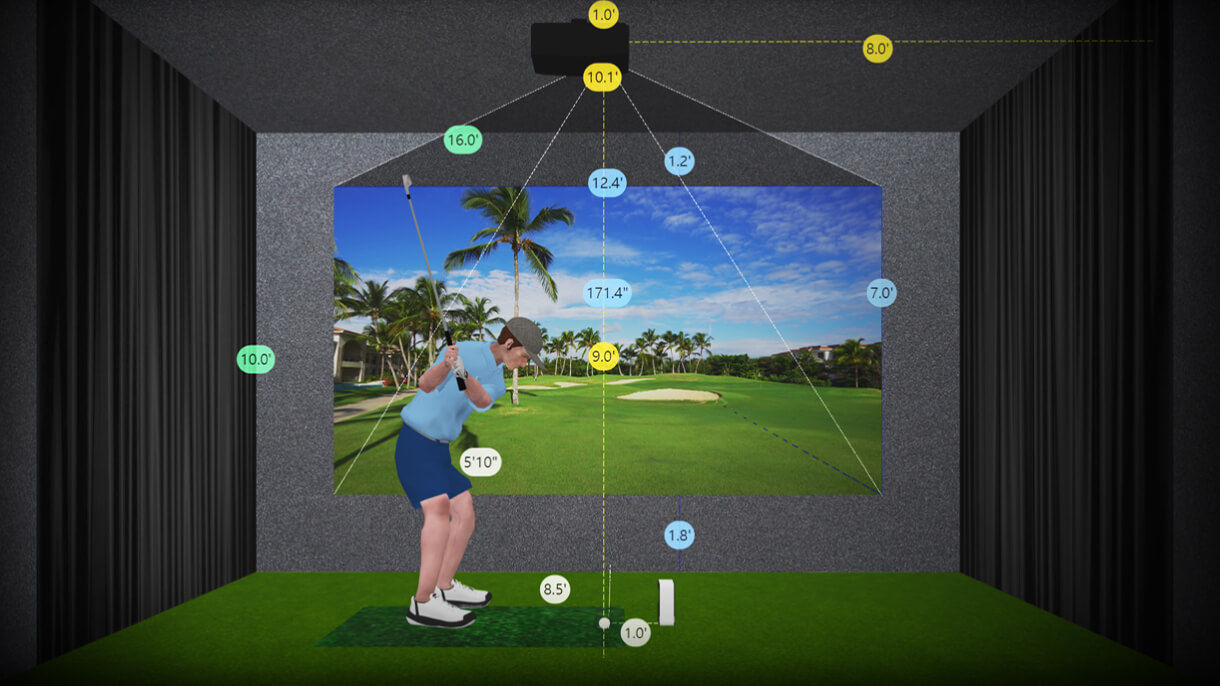 BenQ 3D simulator planner showing custom home golf sim layout