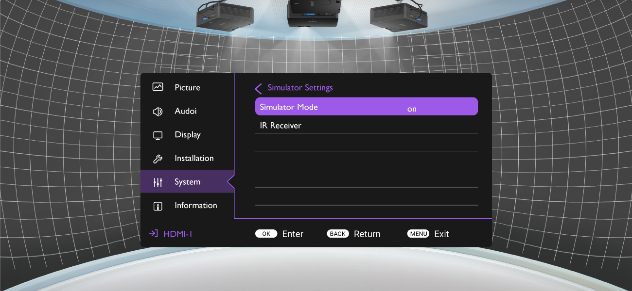 BenQ LK954ST con configuración de simulador profesional en OSD