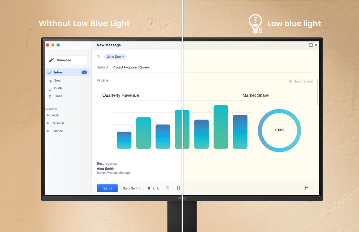 Low Blue Light cuts eye strain without yellow tint—TÜV-certified protection that preserves true colors.