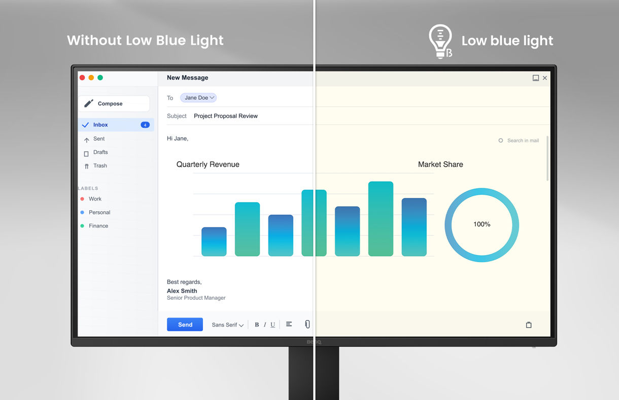 Low Blue Light cuts eye strain without yellow tint—TÜV-certified protection that preserves true colors.