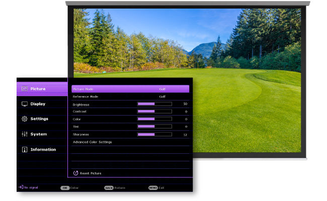 De exclusieve Golf-modus van BenQ voegt kleur toe om grasvelden, zandvlaktes en de hemel realistischer weer te geven.