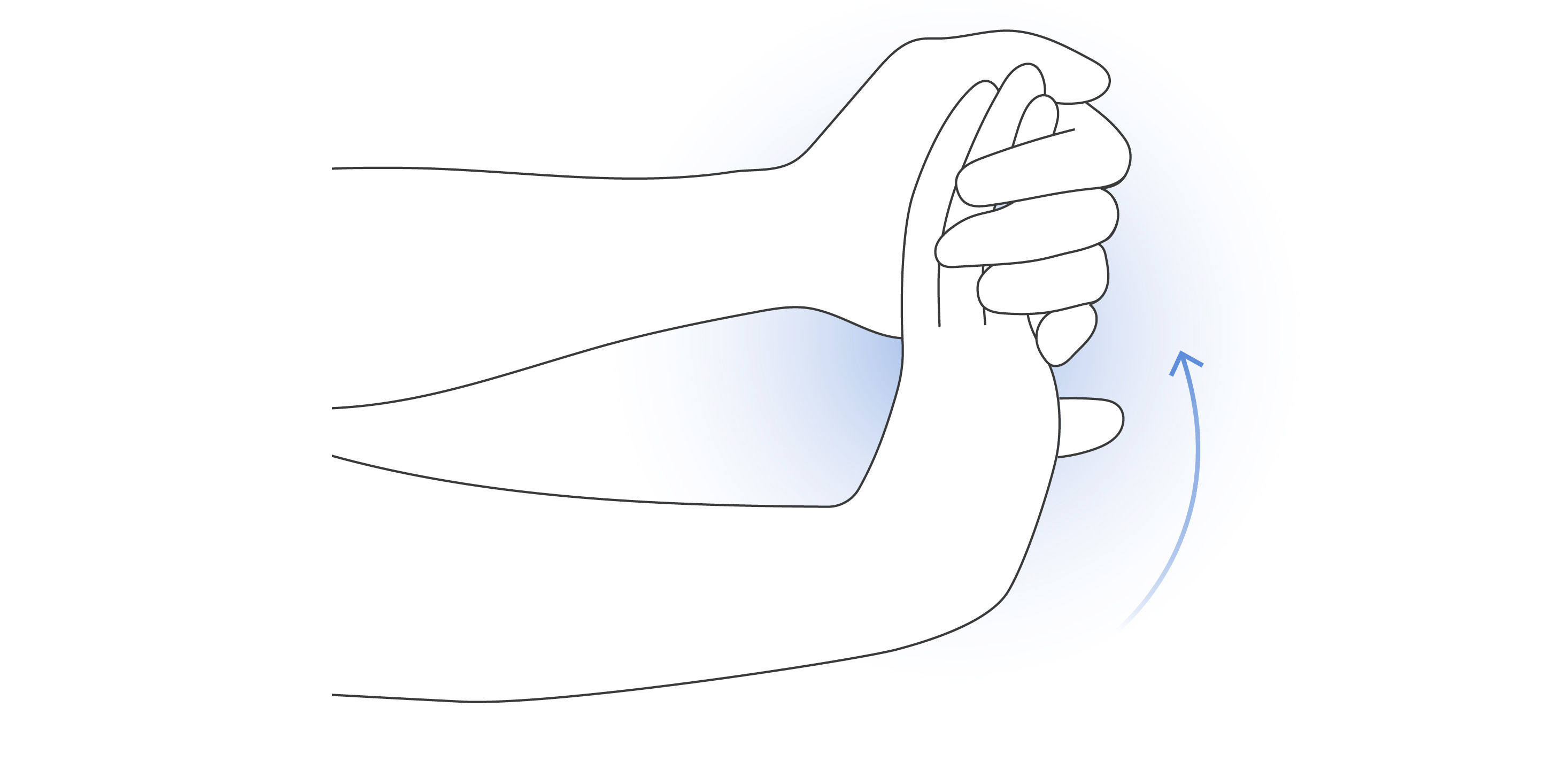 Illustration showing a finger extension stretch with one hand gently bending the affected finger backward.