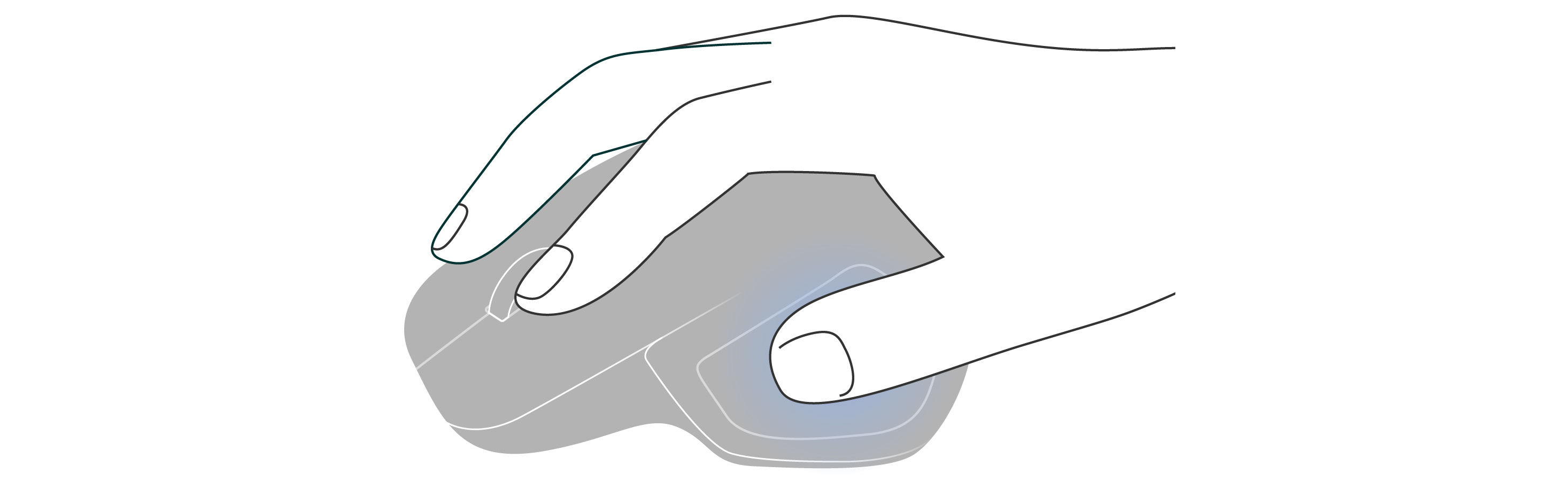 Illustration showing how a thumb rest on an ergonomic mouse supports the thumb and helps reduce hand tension.