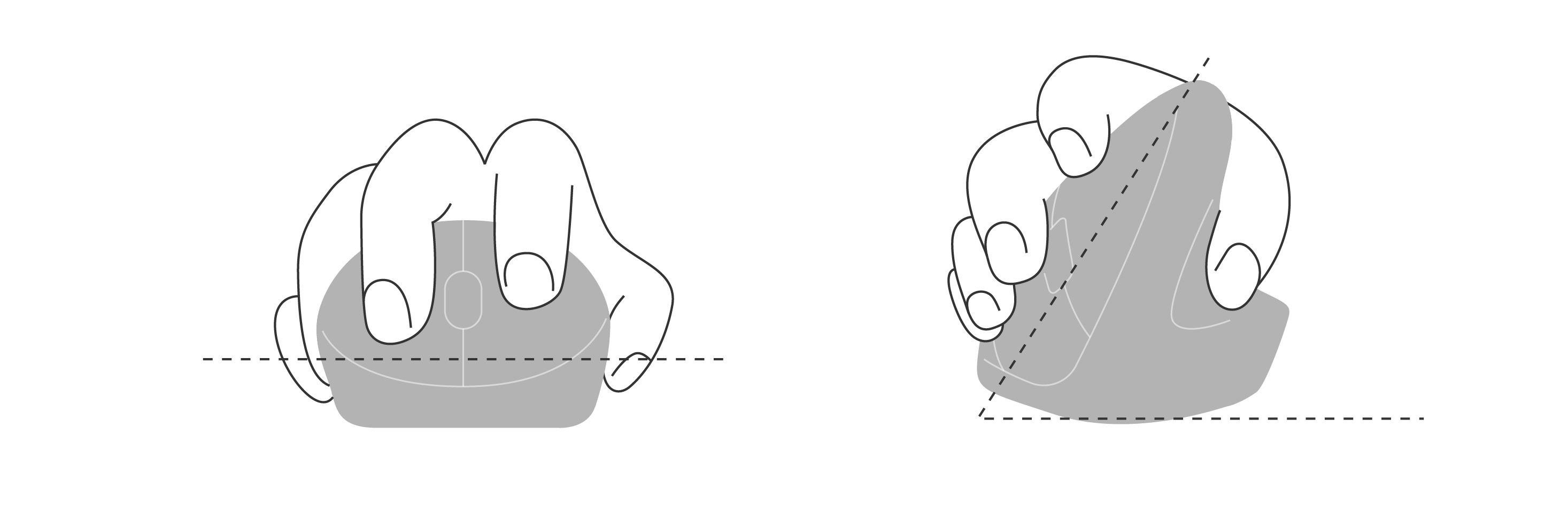 Illustration showing how different ergonomic mouse tilt angles affect grip posture and hand comfort.