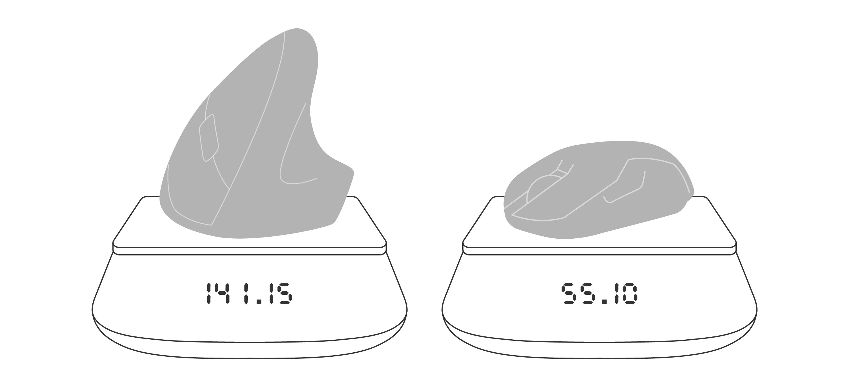 Illustration comparing the weight of a vertical ergonomic mouse with a lighter standard mouse on digital scales.
