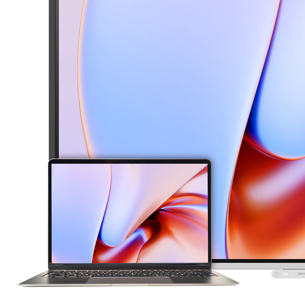 A MacBook Pro placed in front of a BenQ interactive display in M-book mode, showing perfectly matched brilliant colors for seamless creative workplace productivity.