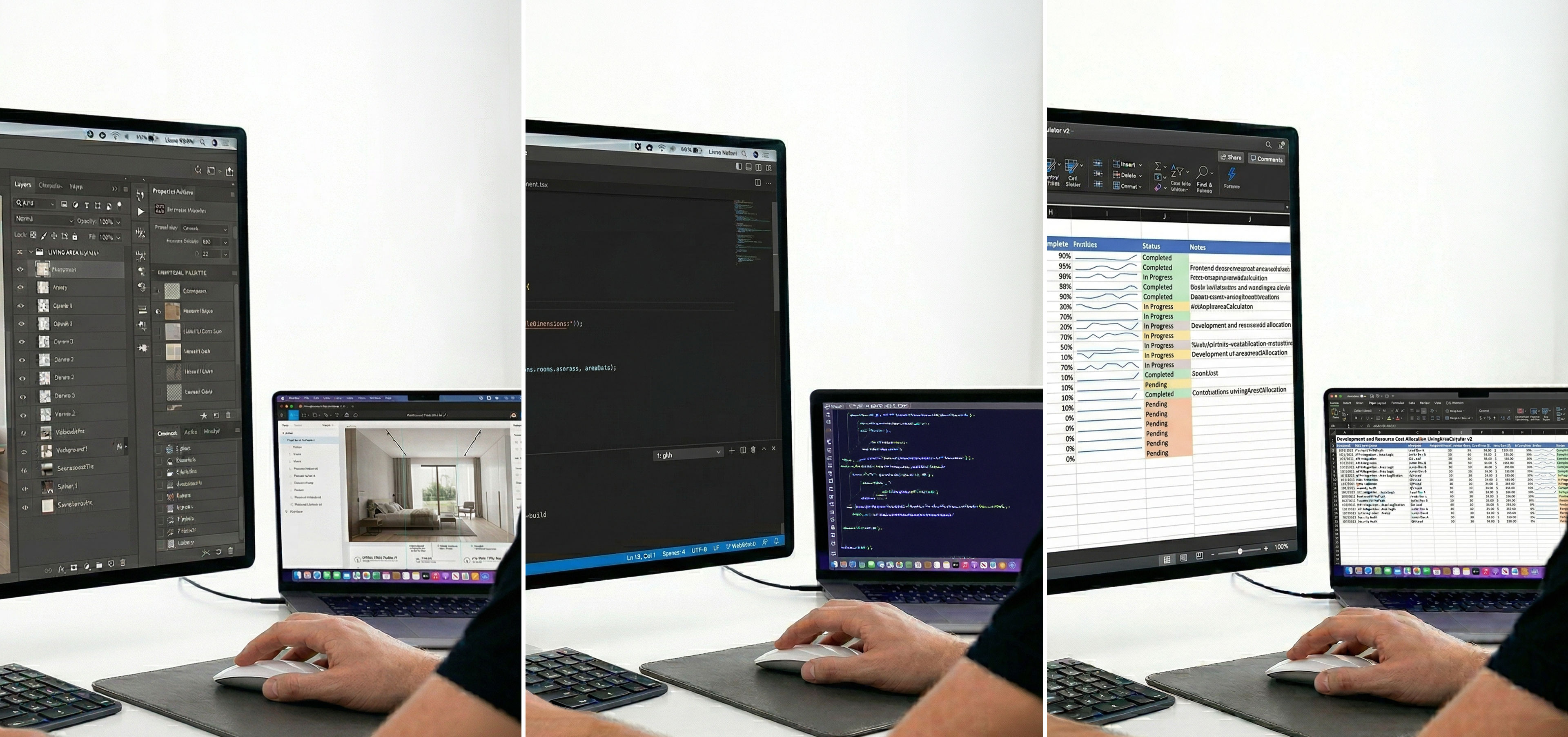 Comparison showing mouse use across creative, programming, and spreadsheet workflows where precise control is helpful on a MacBook setup.