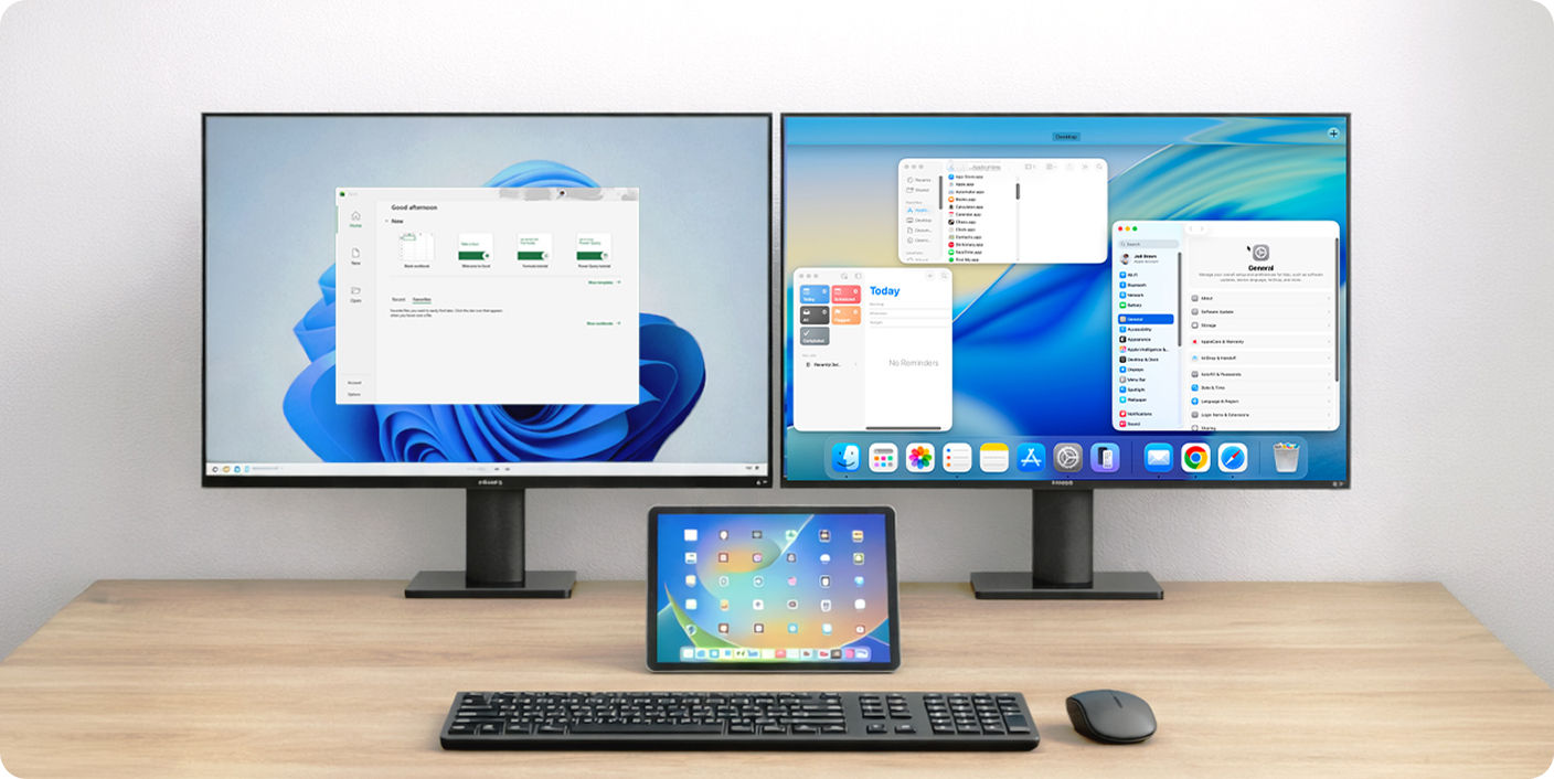 Desk setup showing a mouse used across Mac, Windows, and iPad devices for seamless multi-device switching.