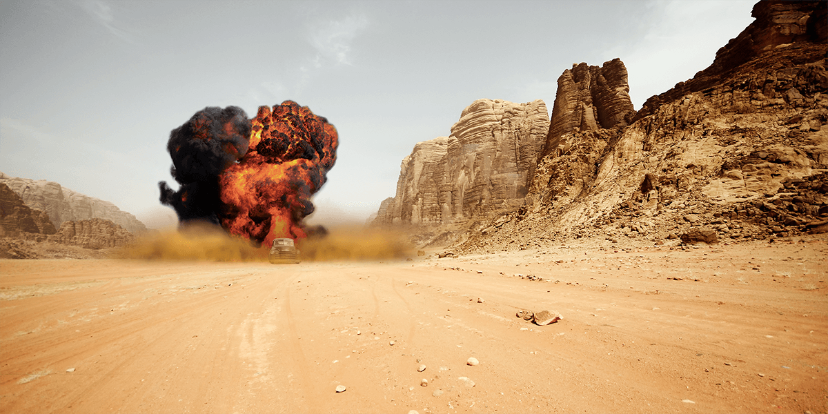 Explosion in the desert looks like a scene in the movie Mad Max Fury Road.