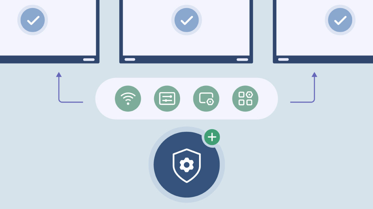 A centralized DMS dashboard showing policy deployment to multiple BenQ smart displays, including remote control of Wi-Fi, settings, and security updates.