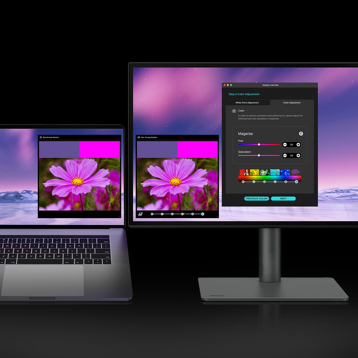 Pomocí softwaru BenQ Display ColorTalk můžete v několika jednoduchých krocích duplikovat barvy z hlavního monitoru a použít je na druhý monitor. 