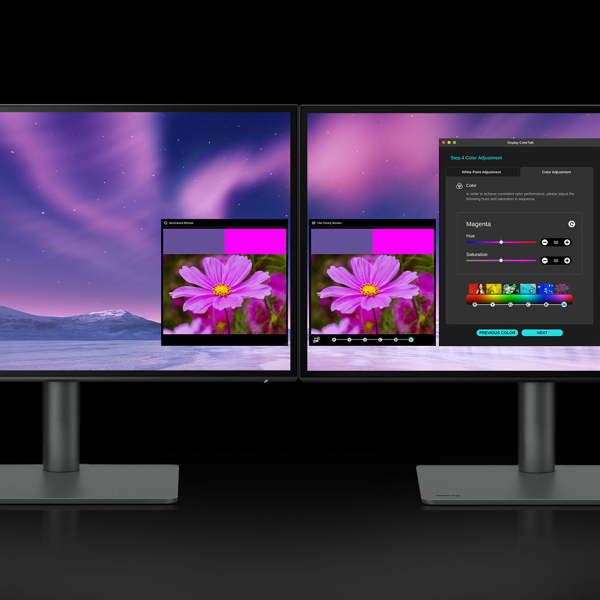 Use BenQ Display ColorTalk software to duplicate colors from your main monitor and apply them to a second monitor in a few simple steps. 